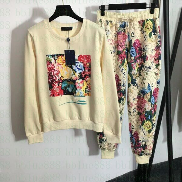 

women's two piece pants sports suit colorful flower print round neck long-sleeved sweater old fl ower print elastic waist casual trouse, White