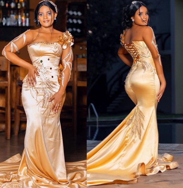 

2022 arabic aso ebi gold mermaid prom dresses beaded crystals satin evening formal party second reception birthday engagement gowns dress zj, Black