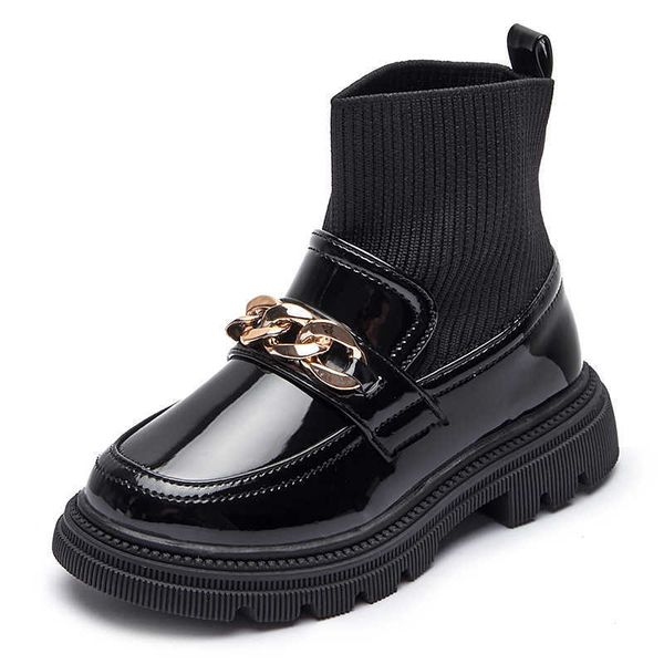 

boots girls fashion metal chain design knitting patchwork ankle pu leather kids chick socks anti-slip casual shoes t220925, Black;grey