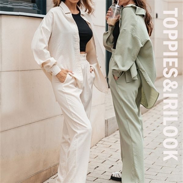 

women's two piece pants ies women two piece set casual shirt office lady long sleeve blouse chic elastic waist summer long trousers pan, White