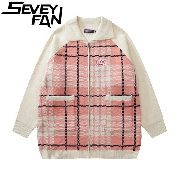

mens sweaters seveyfan mens sweater hip hop knitwears zipper plaid knitwear turndown collar fashion loose streetwear for male female couples, White;black