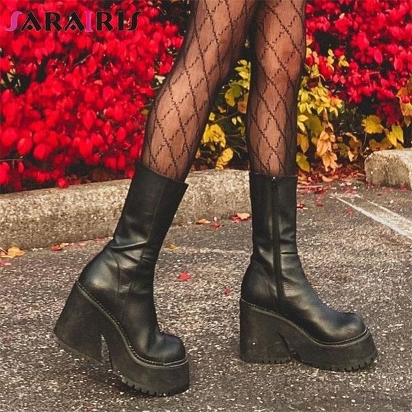 

boots brand fashion design autumn motorcycle women punk chunky high heels mid calf goth street winter shoes woman 220923, Black