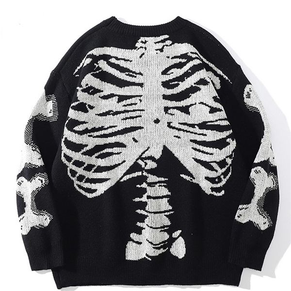 

mens sweaters men oversized sweater black loose skeleton bone print women vintage retro knitted sweater autumn cotton pullover 220923, White;black