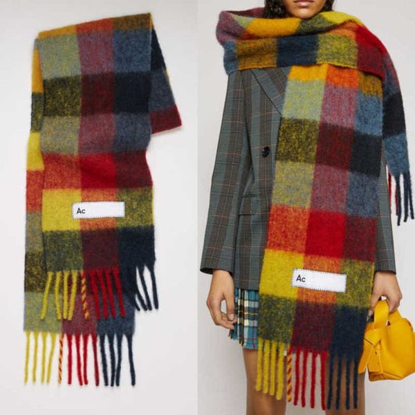 

ac men's luxury women scarf fashion shawls imitation cashmere plaid wraps long student bib warm shawl rainbow thick lattice tassel fema, Blue;gray