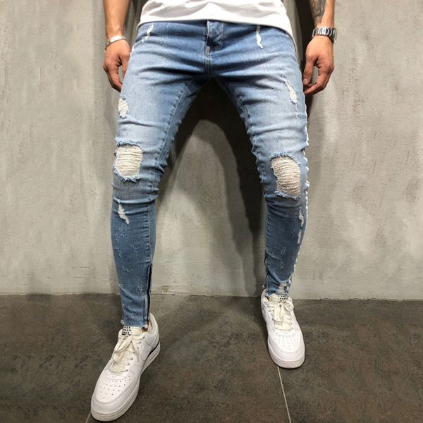 

men's jeans streetwear men hip hop side white strip skinny jeans distressed knee holes ripped stretch slim fit denim pants 220923, Blue