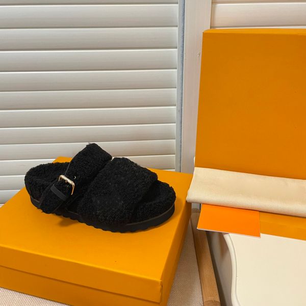 

classic winter 2022 wool slides slippers women sandals fashion designers flat slides flip flops real leather womens sandal silde with box si, Black