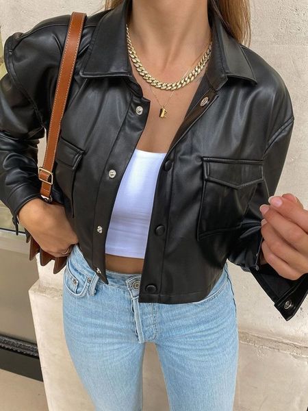 

women's suits blazers black pu leather short jackets women long sleeve lapel button jacket coat with pockets spring autumn outerwear fe, White;black
