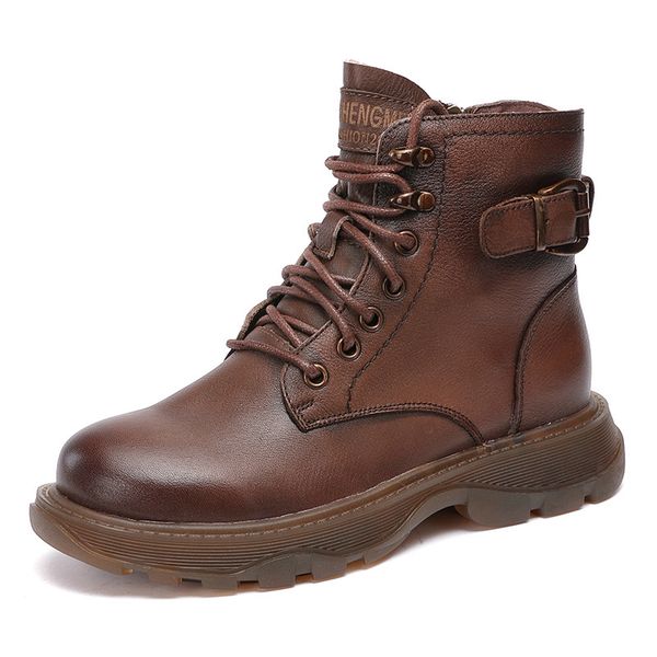 

boots ladies lace up women round toe side zipper buckle design winter genuine leather ankle 220924, Black