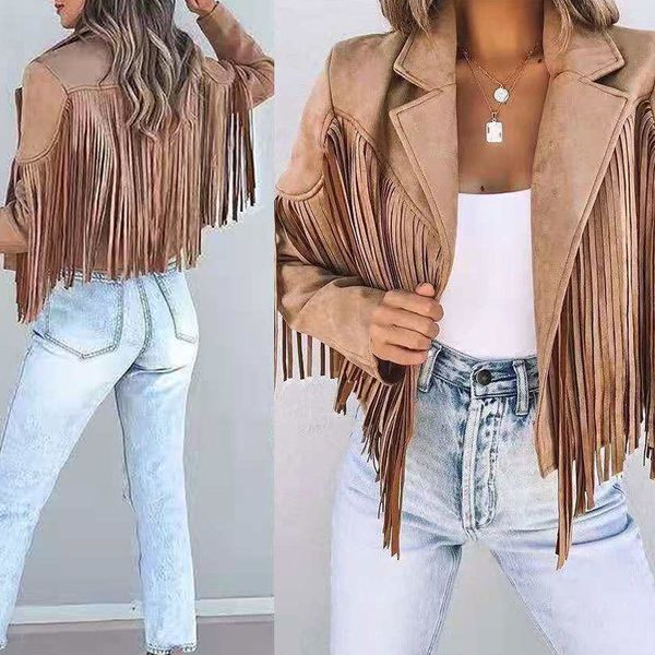 

women's suits blazers women's long sleeve printed tassel coat faux suede jacket women's motorcycle lapel jacket ladies solid, White;black