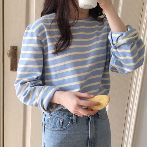 

women's t-shirt harteen t shirt loose cotton striped tshirt women autumn long sleeves o-neck korean all-match basic woman femme tee t-s, White