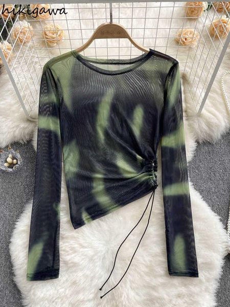 

women's t-shirt hikigawa chic fashion women tie dye thin mesh long sleeve t shirts summer pleated side drawstring design blouse mujer, White