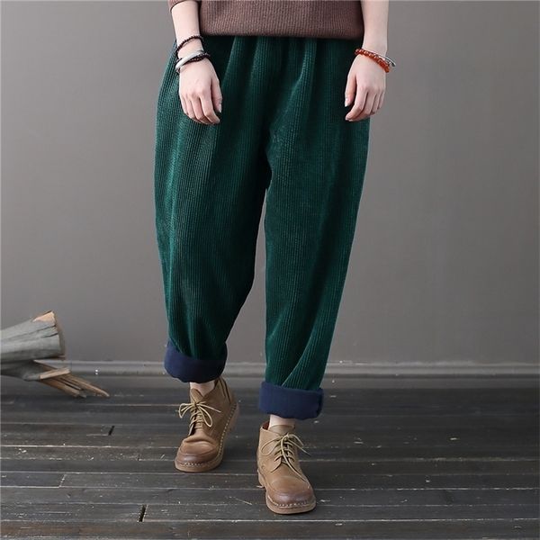 

women's pants capris johnature corduroy vintage pants solid color elastic waist trouser winter thick warm pockets fleece women harem pa, Black;white