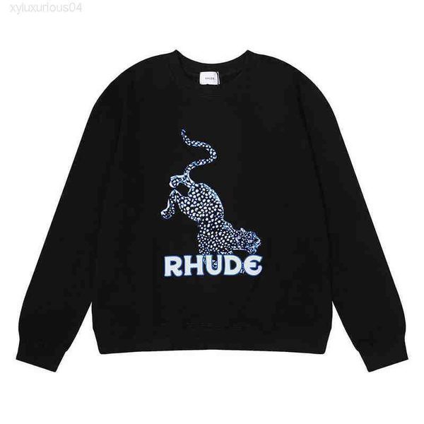 

hoodie men for hip hop ins fashion rhude leopard print terry round neck sweater men's large pullover, Black