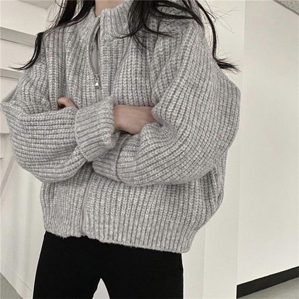 

womens knits tees ladies allmatch cardigan short coat knit sweater with standup collar zipper loose outer wear short sweater 220923, White