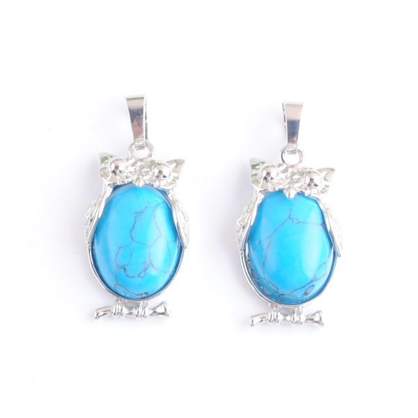 

blue turquoise tiny owl animal shaped pendants natural stone reiki lucky cute charm jewelry for women man gift dn4677, Silver