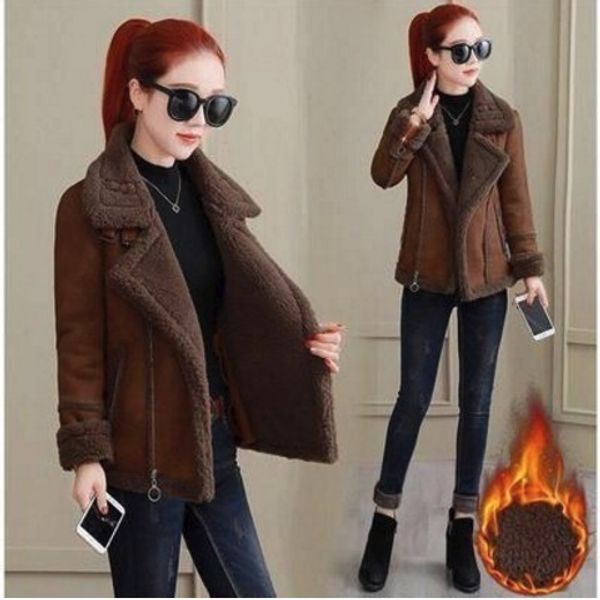 

women's wool blends lady autumn winter warm wool coat korean fashion women turndown collar long sleeve zipper lambs frocking suede park, Black
