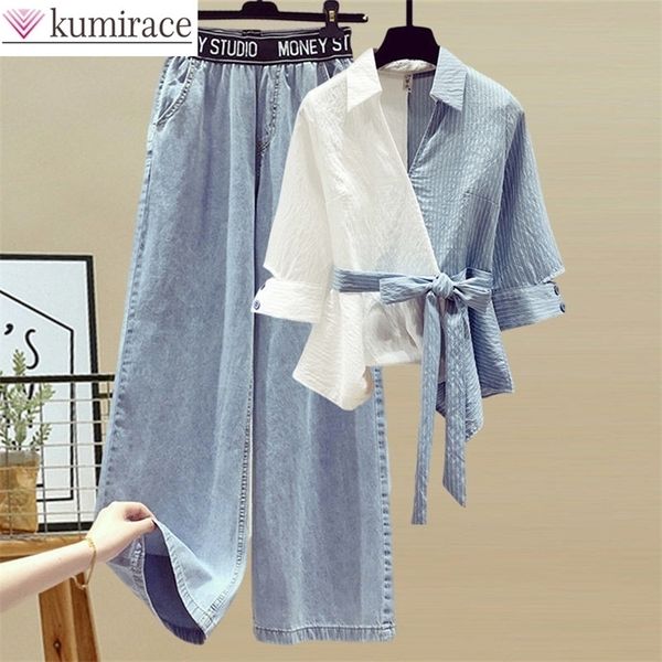 

women's tracksuits summer stitched chiffon shirt female set elegant women's jeans casual blouse two piece set ladies tracksuits 22, Gray