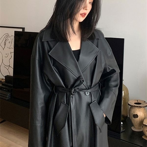 

women's trench coats lautaro spring autumn long oversized black leather trench coat for women sashes single button loose stylish korean, Tan;black