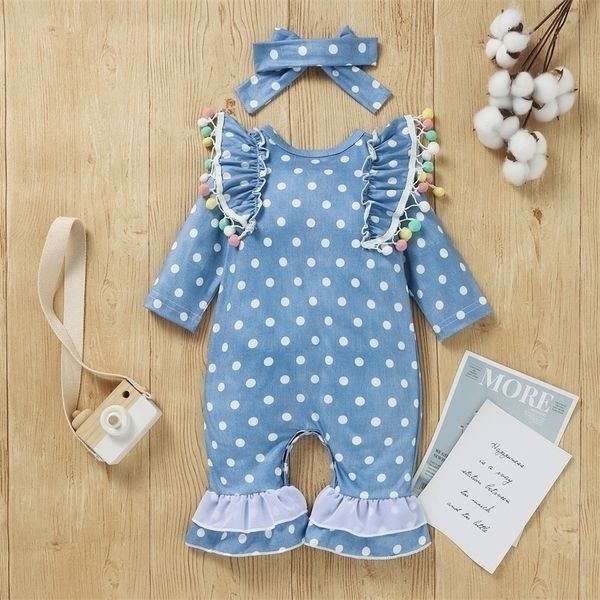 

footies 2pcs baby girls outfit dot printing plush ball decoration lace splicing long sleeve round collar flared jumpsuit headwear set 220922, Blue