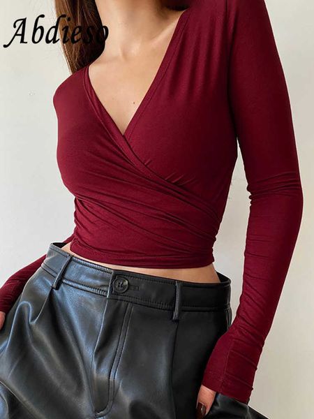 

women's t-shirt abdieso v neck bandage long sleeve crop women black 2022 autumn solid basic casual t shirts skinny streetwear tees t220, White