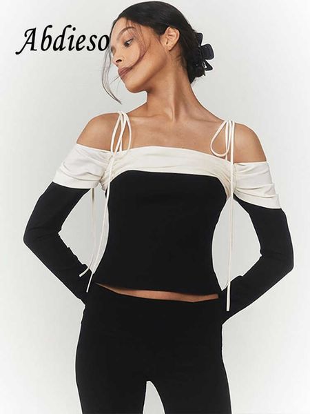 

women's t-shirt abdieso white off shoulder long sleeve t shirts women elegant vintage 2022 autumn bandage backless party crop t2k t2209