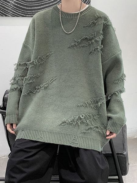 

men's sweaters houzhou ripped knitted sweater men jumper pullover vintage green black japanese streetwear harajuku autumn winter 220923, White;black