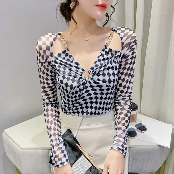 

women's t-shirt #5642 mesh t shirt women hollow out club slim casual basic t shirt female slim plaid women's t-shirt v-neck korean, White