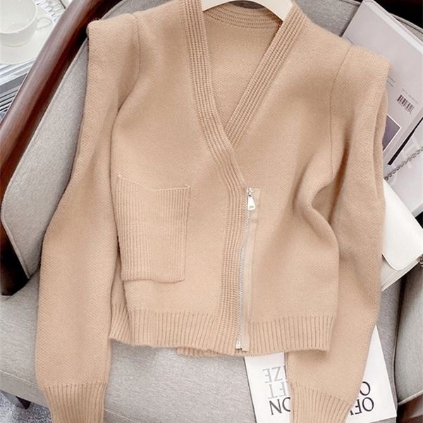 

womens knits tees circyy knitted cardigan women sweater khaki irregular zipper vneck clothes pocket korean style spring autumn chic casual 2, White