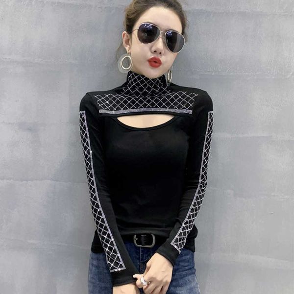 

women's t-shirt autumn and winter new women t-shirts high-necked fashion hollow out diamond-dded bottoming shirt black woman tshirts t2, White