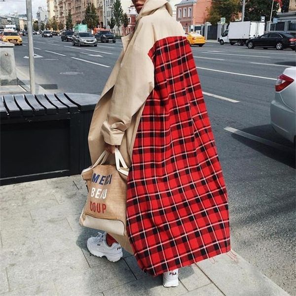 

women's trench coats spring autumn fashion cardigan woman coats ladies jacket woman windbreaker plaid patchwork long sleeve outerwear o, Tan;black