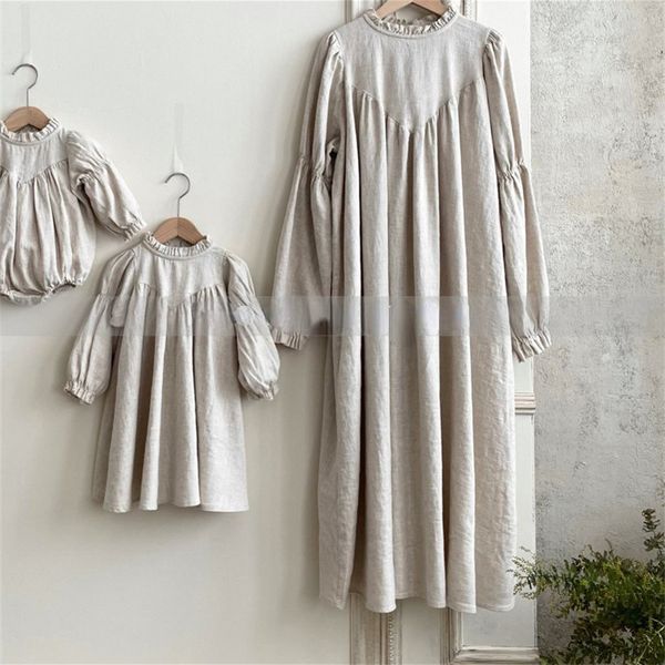 

family matching outfits dress full sleeve knee length pullover a line solid regular cotton fashion simple sweet spring autumn children girls, Blue