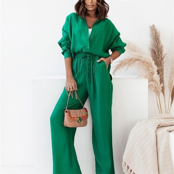 

women's two piece pants casual tracksuit women shirt trouser suits summer loose solid high waist wide leg lace up pants two piece lady, White