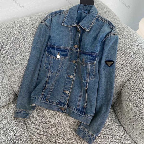 

p 22 ra washed denim jacket designer back embossed triangle logo long sleeve shirt couples biker jackets, Black;brown