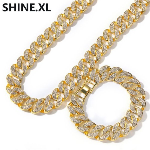 

new 18k gold plated full diamonds miami cuban chain necklace exaggerated trend hip hop men's bracelet necklace set305w, Silver