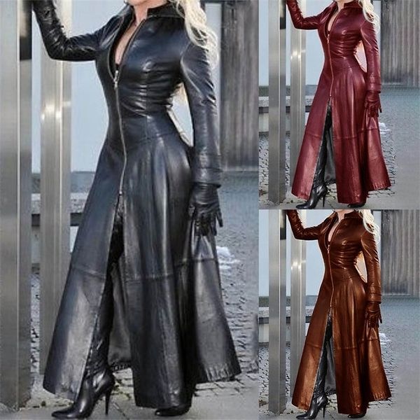 

women's trench coats fashion women stand collar long faux leather jacket women loose zipper pu long sleeve trench coat for wome 220924, Tan;black