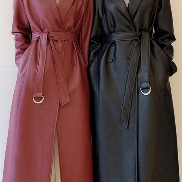 

women's trench coats lautaro luxury brand spring autumn long faux leather trench coat for women belt double breasted designer clothes f, Tan;black