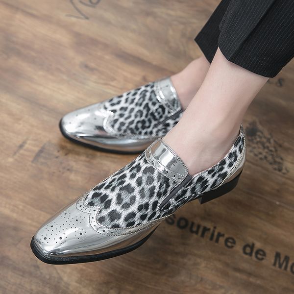 

bullock leopard print loafers men casual shoes leather gold silver classic trend pointed slip-on youth british daily party wedding business, Black