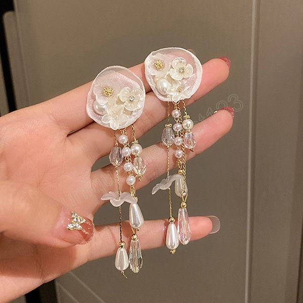 

imitation pearl crystal flower cloth dangle earrings fashion classic luxury contracted fairy eardrop women jewelry gifts, Silver
