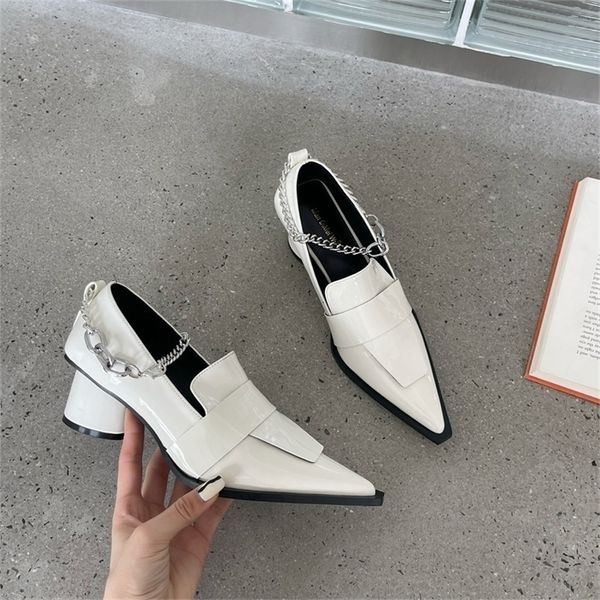 

dress shoes japanned leather metal chain pumps woman slip on talons hauts pointed toe round medhigh heels shoes for women mary janes 220923, Black