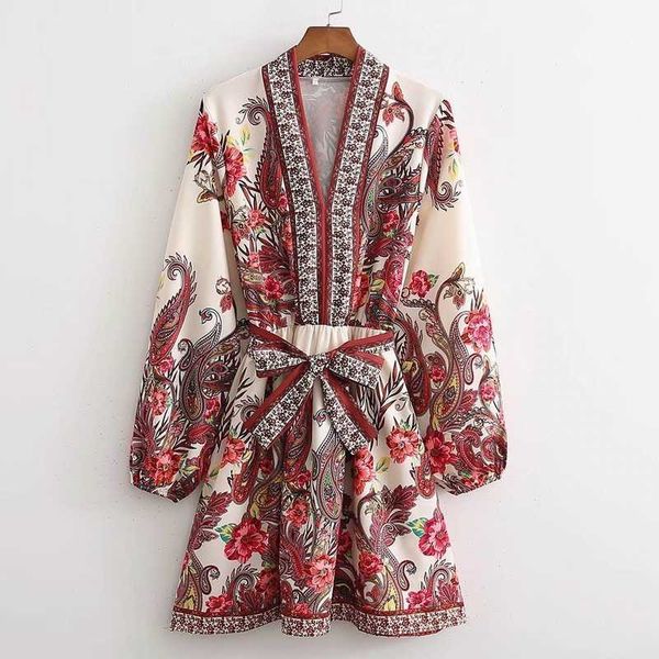 

casual dresses women print dress with belt spring 2022 new fashion v-neck vintage patter above knee clothing female casual vestido y2209, Black;gray