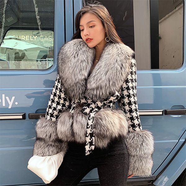 

women s fur faux coats woman winter korean thousand bird lattice natural large collar slim fit waist tie short jackets female 220926, Black