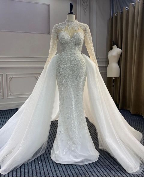 

2022 arabic aso ebi mermaid wedding dresses sparkly sequined beaded lace bridal gowns dress zj611, White