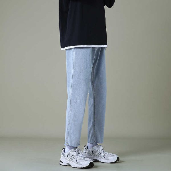 

men's jeans autumn men's cropped trousers wide leg korean youth fashion loose casual straight leg pants male trendy brand clothes, Blue