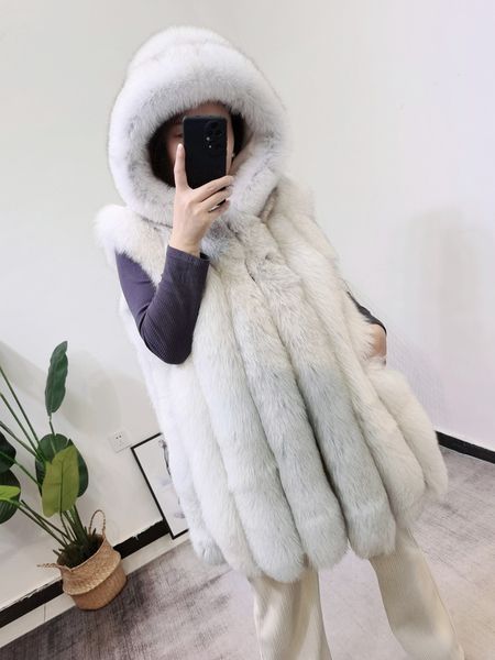

women s fur faux hooded real vest women luxury winter plus size vests with hood sleeveless from genuine natural 220926, Black