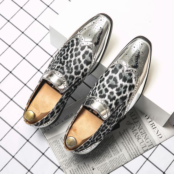 

luxury bullock leopard print loafers men casual shoes leather gold silver classic trend pointed slip-on youth british daily party wedding bu, Black