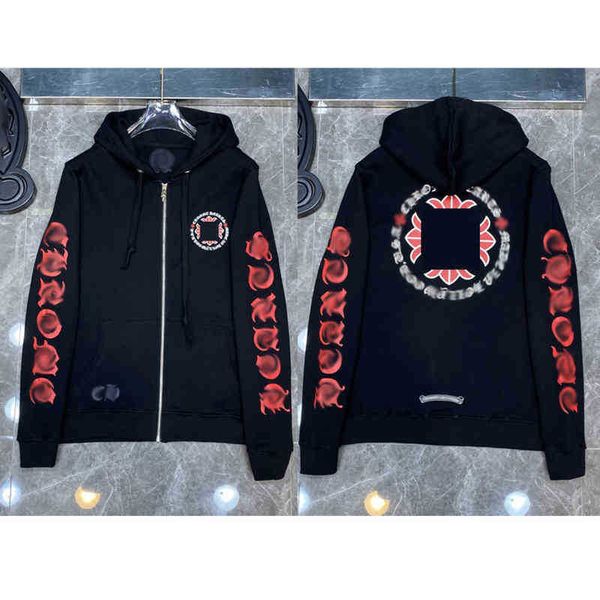 

fleece men's hoodies loose mens fashion sweatshirts classic brand ch designer hoodie horseshoe sanskrit print luxury zipper jacket pull, Black