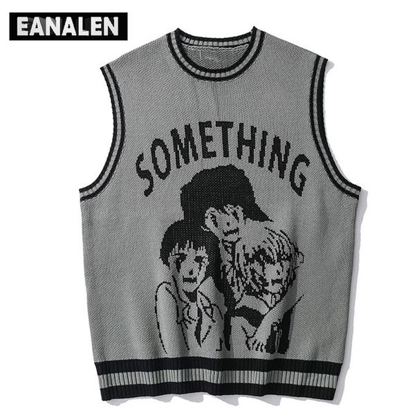 

men's sweaters japanese cartoons animation knitted sweater vest men's contrast color sleeveless pullover women harajuku retro stre, White;black