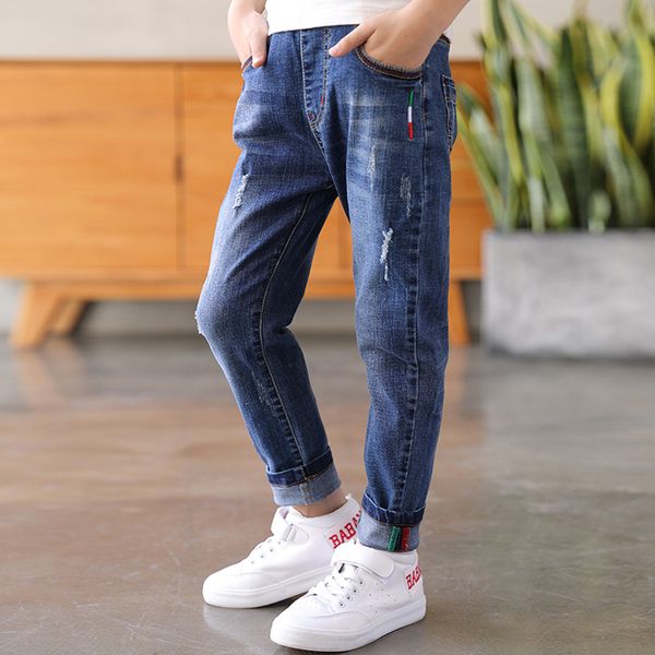 

jeans ienens young boys kids denim long pants spring autumn slim solid color trousers elastic waist 5-13 years 220923, Blue