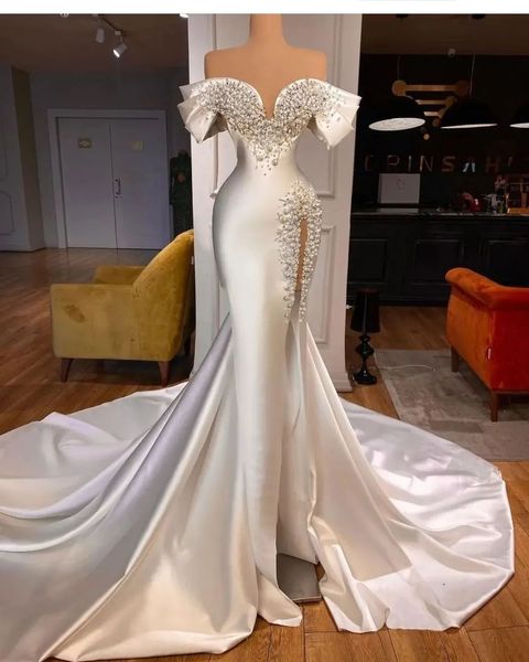 

2022 arabic aso ebi mermaid wedding dresses luxurious beaded pearls crystals bridal gowns dress zj6707, White