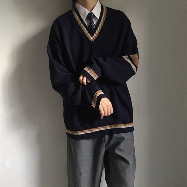 

men's sweaters couples wear autumn sweater korean loose student pullover v neck coat japanese school uniform 220923, White;black
